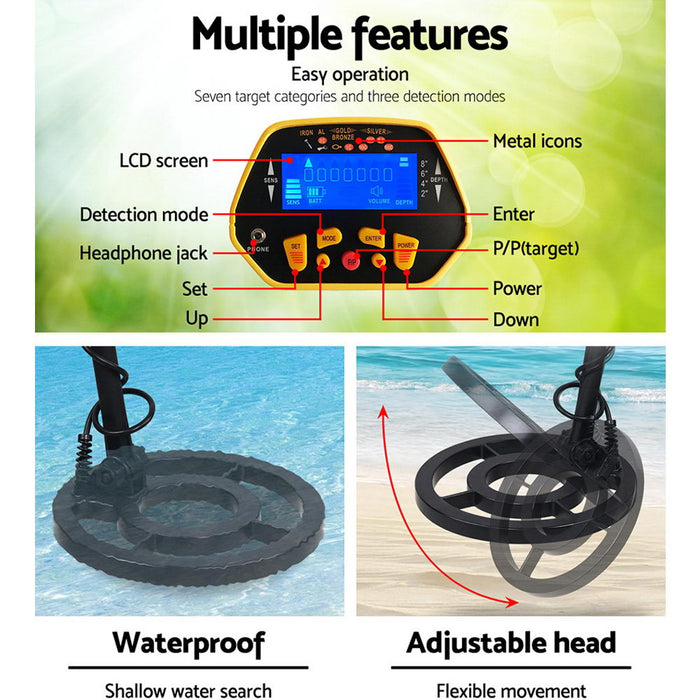 3 Detection Mode LCD Screen 7.5kHz Metal Detector with Headphones - Yellow