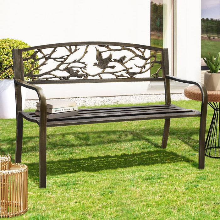 Cast Iron & Steel Bird Design Garden Bench | Outdoor Backyard Garden Bench in Bronze