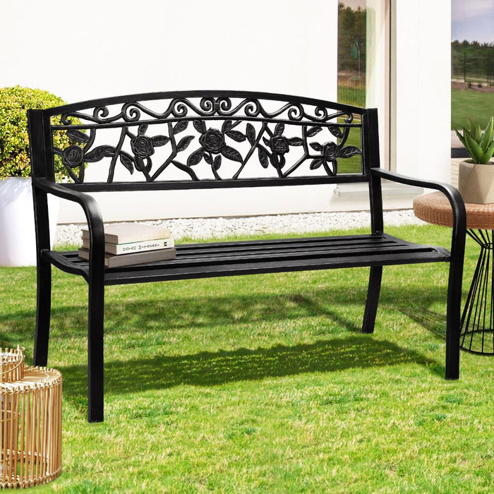 Cast Iron & Steel Ornate Rose Garden Bench | Outdoor Backyard Garden Bench in Black