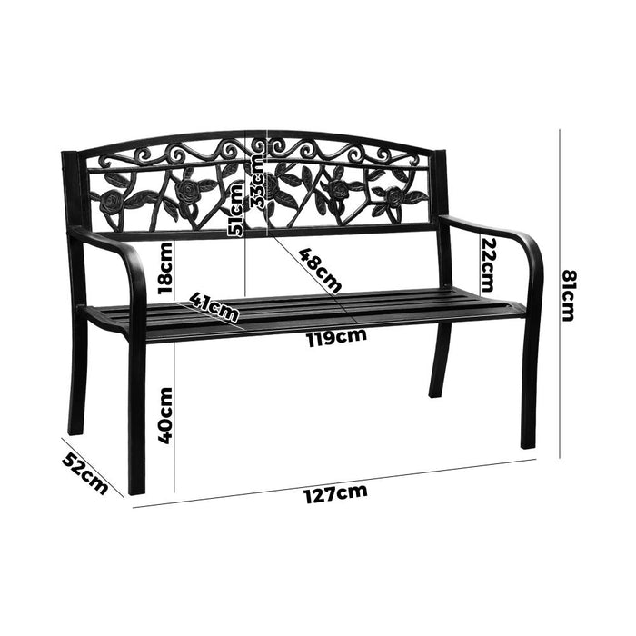 Cast Iron & Steel Ornate Rose Garden Bench | Outdoor Backyard Garden Bench in Black