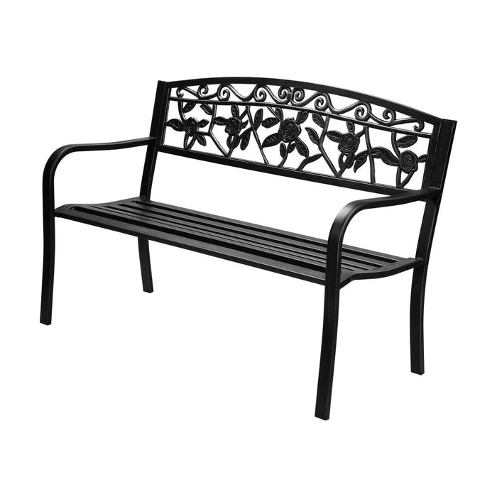 Cast Iron & Steel Ornate Rose Garden Bench | Outdoor Backyard Garden Bench in Black