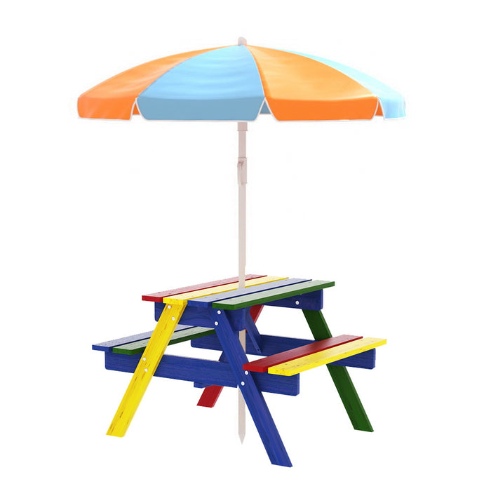 Funzee Colourful Kids Outdoor Table and Picnic Bench Seat with Umbrella | Kids Wooden Bench Seats