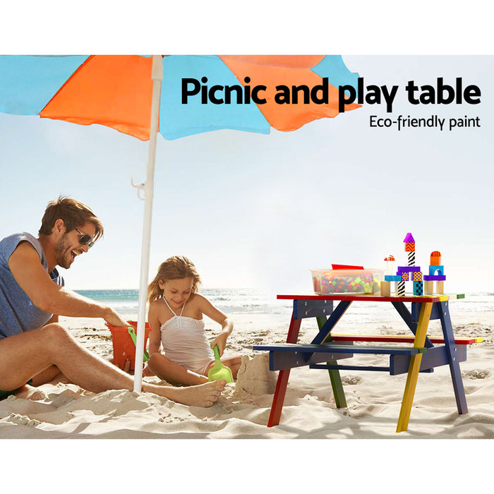 Funzee Colourful Kids Outdoor Table and Picnic Bench Seat with Umbrella | Kids Wooden Bench Seats