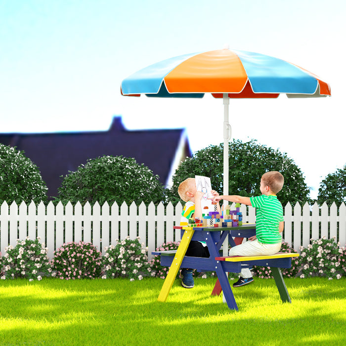 Funzee Colourful Kids Outdoor Table and Picnic Bench Seat with Umbrella | Kids Wooden Bench Seats