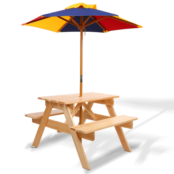 Funzee 4 Seat Kids Natural Wooden Picnic Table Set with Umbrella