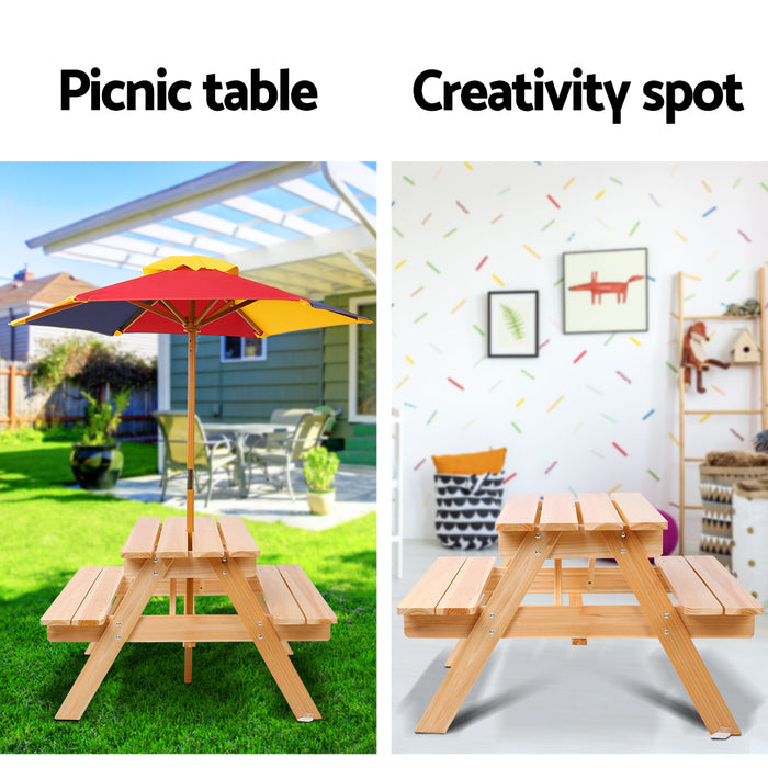 Funzee 4 Seat Kids Natural Wooden Picnic Table Set with Umbrella