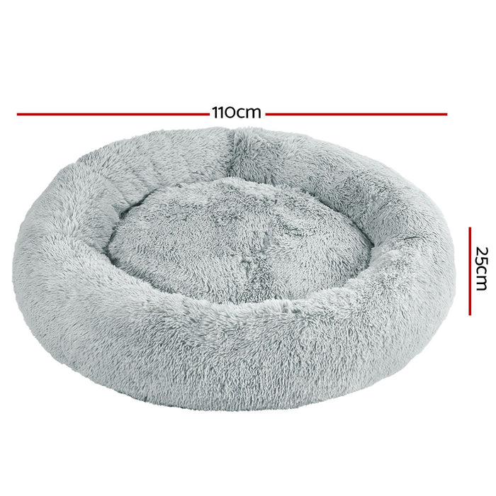 Extra Large 110cm Plush Calming Pet Bed | Soft Removable Cover Dog Cat Bed - Light Grey