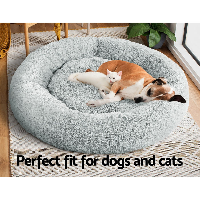 Extra Large 110cm Plush Calming Pet Bed | Soft Removable Cover Dog Cat Bed - Light Grey