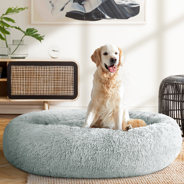 Extra Large 110cm Plush Calming Pet Bed | Soft Removable Cover Dog Cat Bed - Light Grey