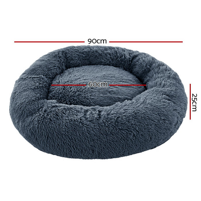 Large 90cm Plush Calming Pet Bed | Soft Removable Cover Dog Cat Bed - Dark Grey