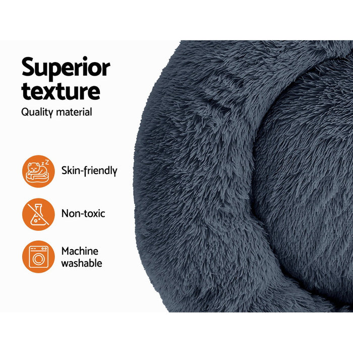 Large 90cm Plush Calming Pet Bed | Soft Removable Cover Dog Cat Bed - Dark Grey