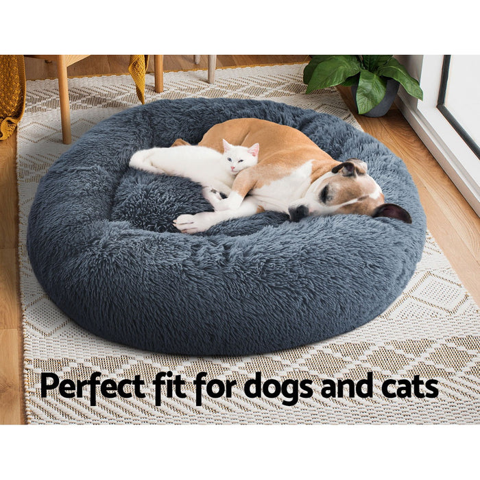 Large 90cm Plush Calming Pet Bed | Soft Removable Cover Dog Cat Bed - Dark Grey