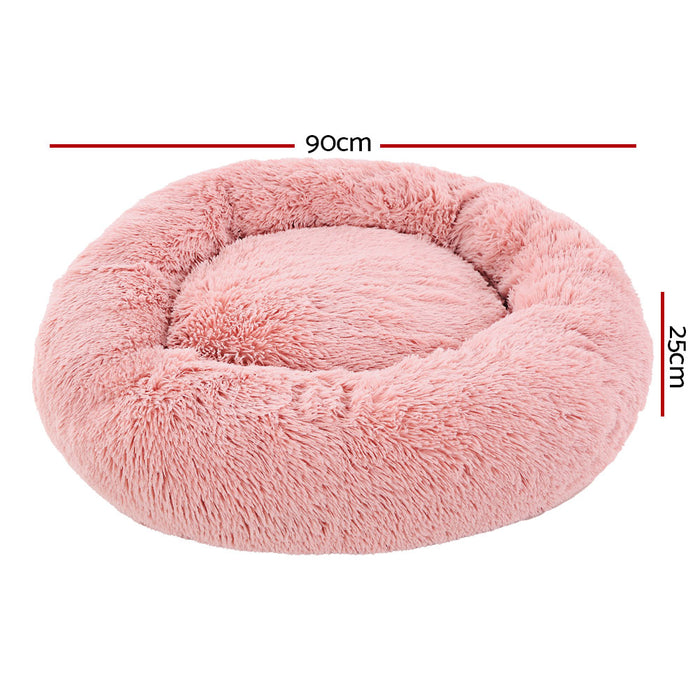 Large 90cm Plush Calming Pet Bed | Soft Removable Cover Dog Cat Bed - Pink