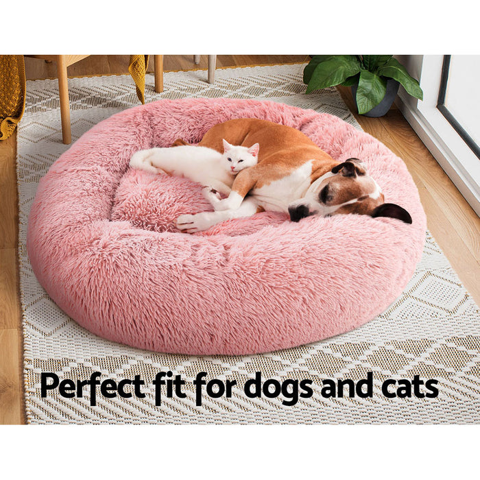 Large 90cm Plush Calming Pet Bed | Soft Removable Cover Dog Cat Bed - Pink