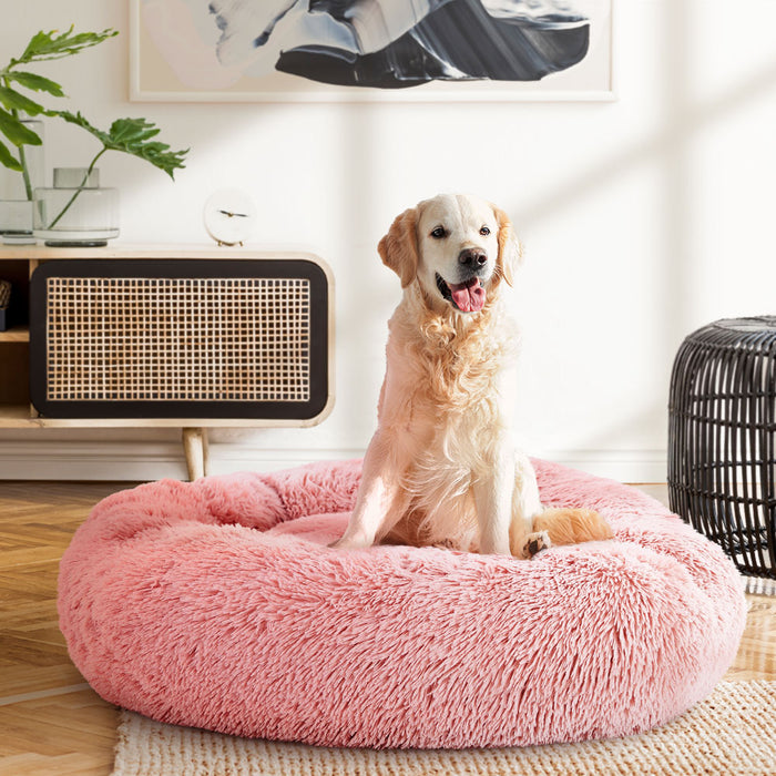 Large 90cm Plush Calming Pet Bed | Soft Removable Cover Dog Cat Bed - Pink