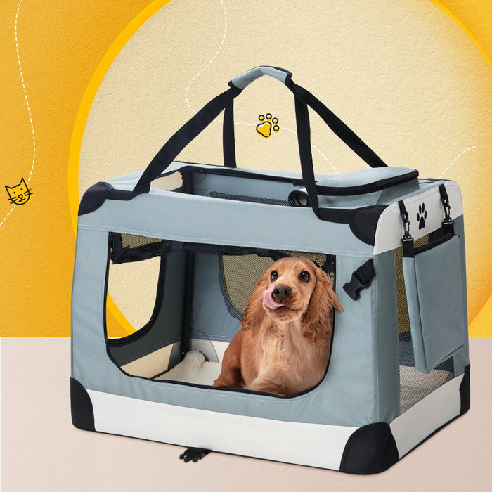 70cm Large Portable Soft Crate Pet Carrier | Foldable Travel Dog Cat Carrier - Light Grey