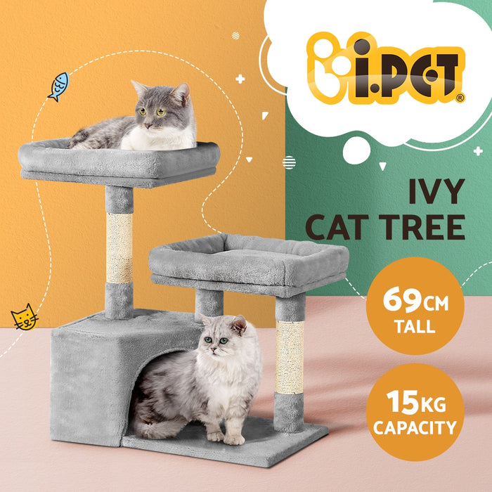 69cm Cat Tree Tower Scratching Post Scratcher | Light Grey Cat Wood Condo House Tree