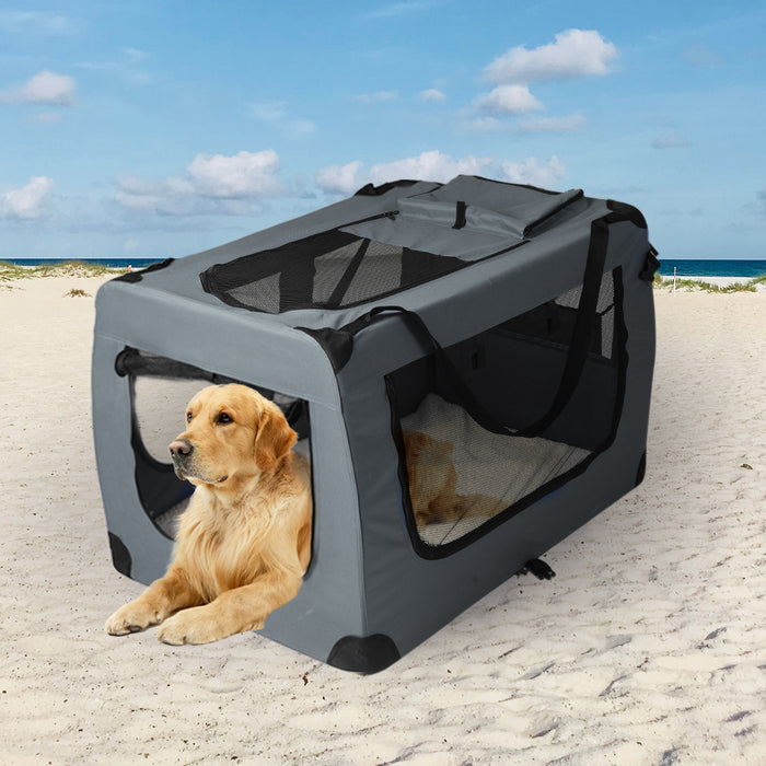 Deluxe Pet Travel Carrier | Folding Soft Sided Dog Crate | Grey Large