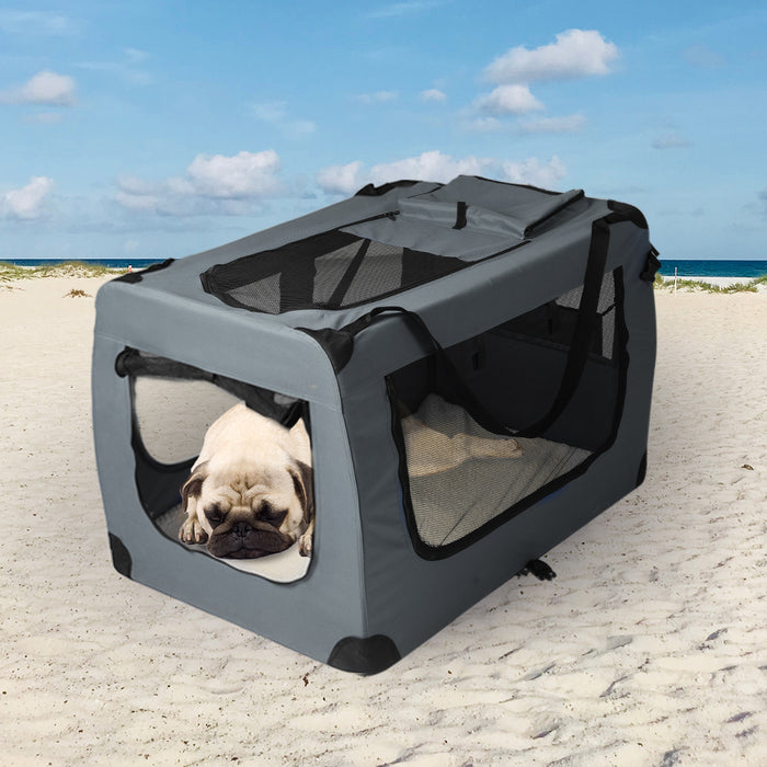 Deluxe Pet Travel Carrier | Folding Soft Sided Dog Crate | Grey Medium