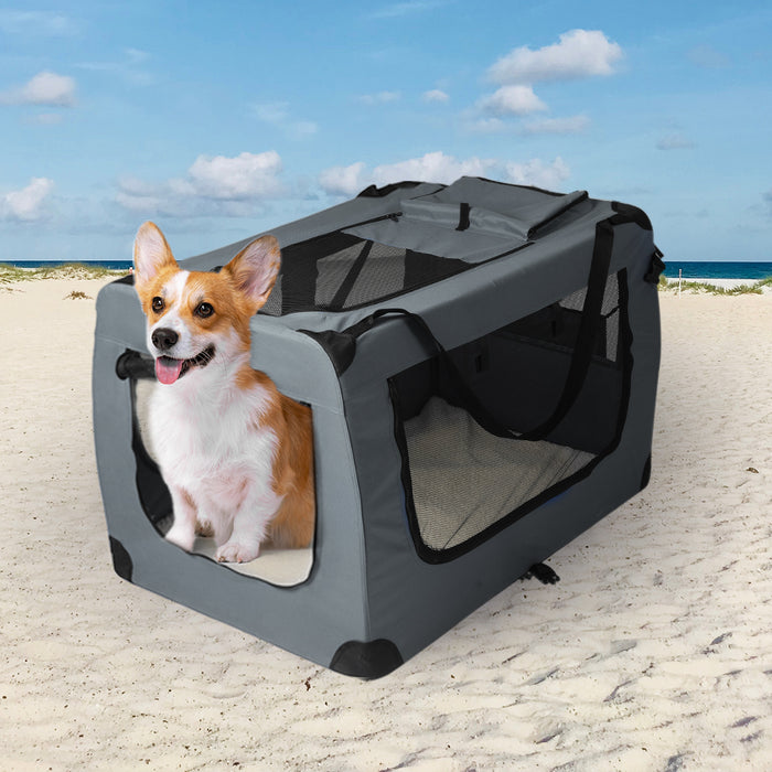 Deluxe Pet Travel Carrier | Folding Soft Sided Dog Crate | Grey Large