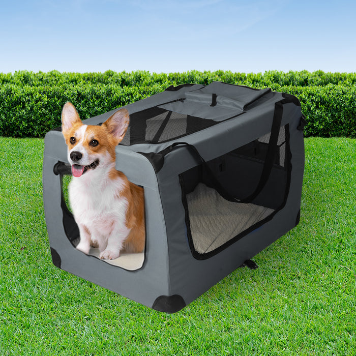 Deluxe Pet Travel Carrier | Folding Soft Sided Dog Crate | Grey Large