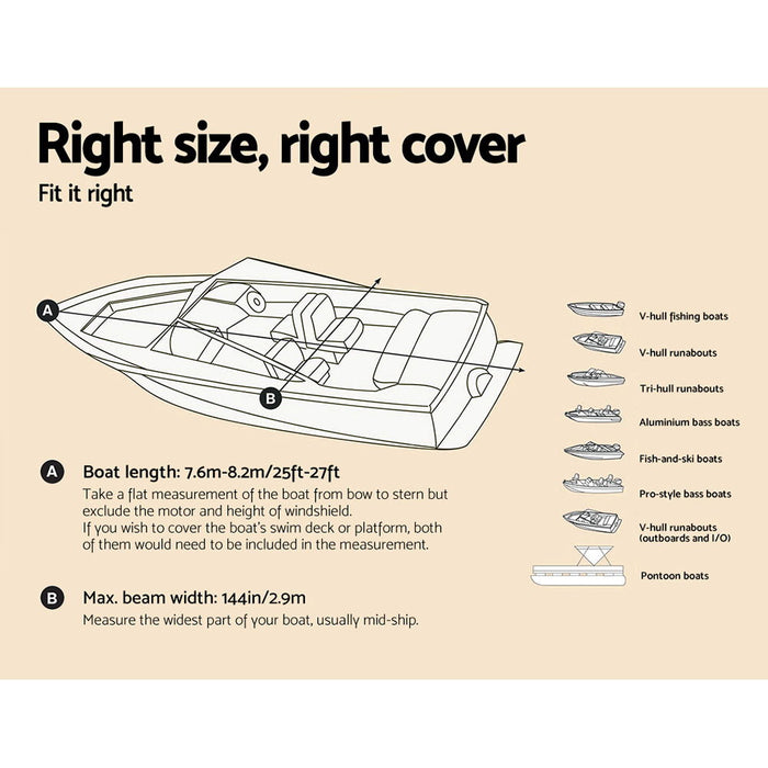 Heavy Duty Adjustable High Clearance 7.6 - 8.2m Waterproof Boat Cover