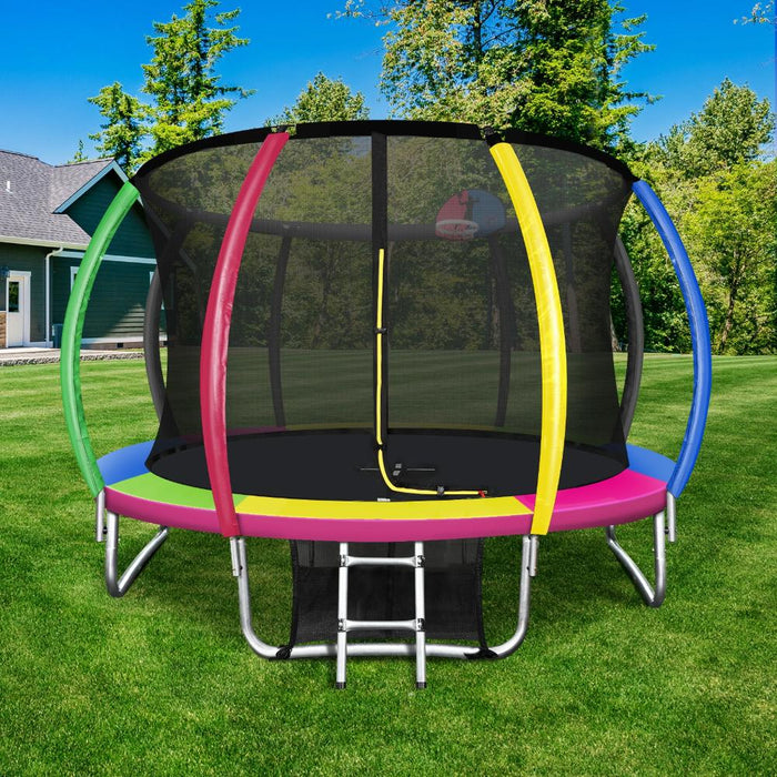 10FT/3m Premium Kids Trampoline with Basketball Set | Rainbow Safe Fully Enclosed Outdoor Play Trampoline by Mazam