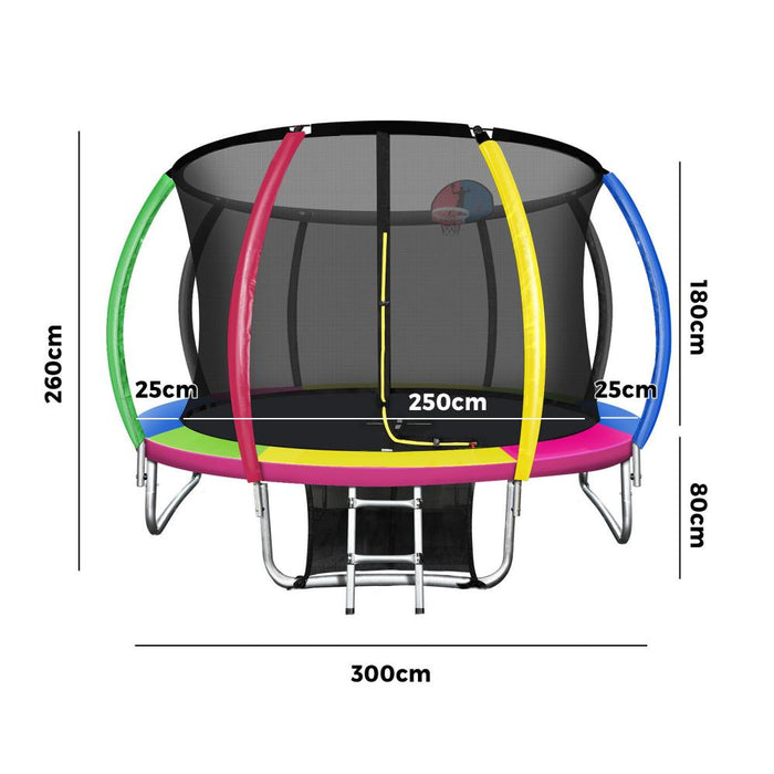 10FT/3m Premium Kids Trampoline with Basketball Set | Rainbow Safe Fully Enclosed Outdoor Play Trampoline by Mazam