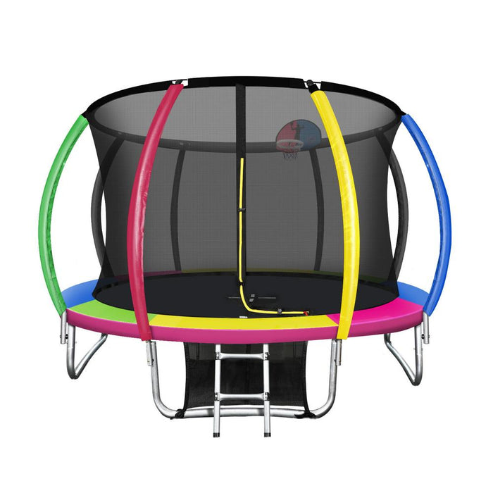 10FT/3m Premium Kids Trampoline with Basketball Set | Rainbow Safe Fully Enclosed Outdoor Play Trampoline by Mazam