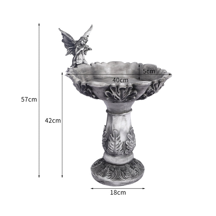 Outdoor Fairy Sculpture Bird Bath | Garden Ornament Bird Feeder in Grey