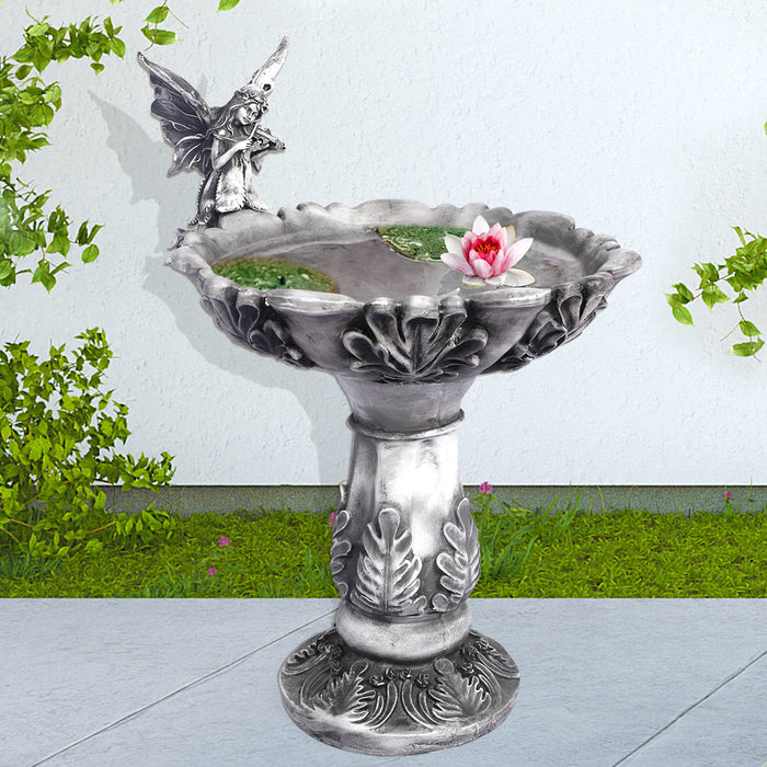 Outdoor Fairy Sculpture Bird Bath | Garden Ornament Bird Feeder in Grey