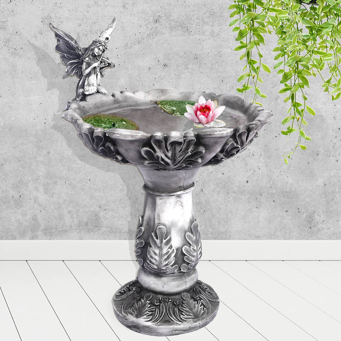 Outdoor Fairy Sculpture Bird Bath | Garden Ornament Bird Feeder in Grey