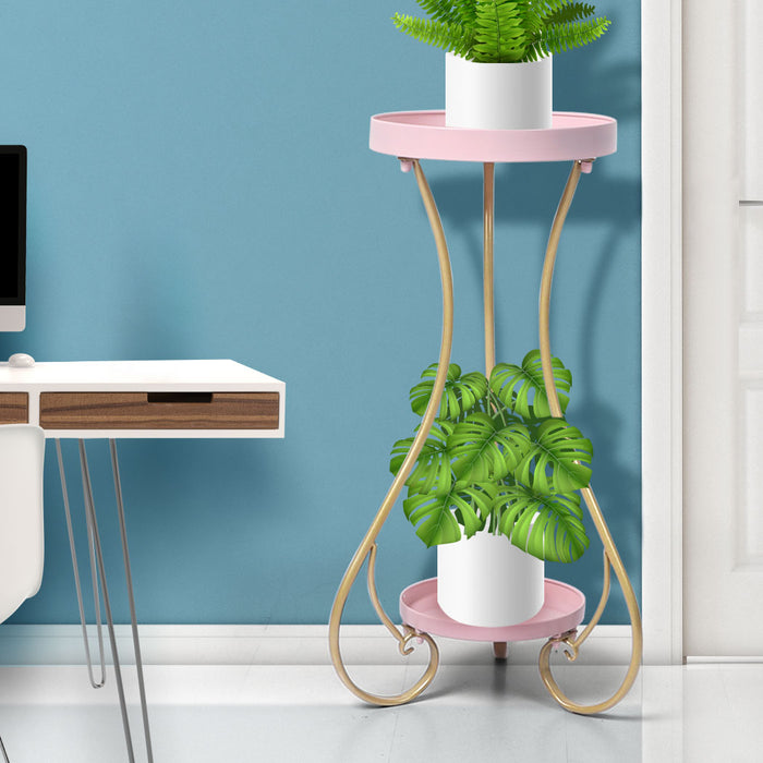 Natura Rose 2 Tier Metal Plant Stand | 70cm Flower Pot Shelves and Stand in Pink