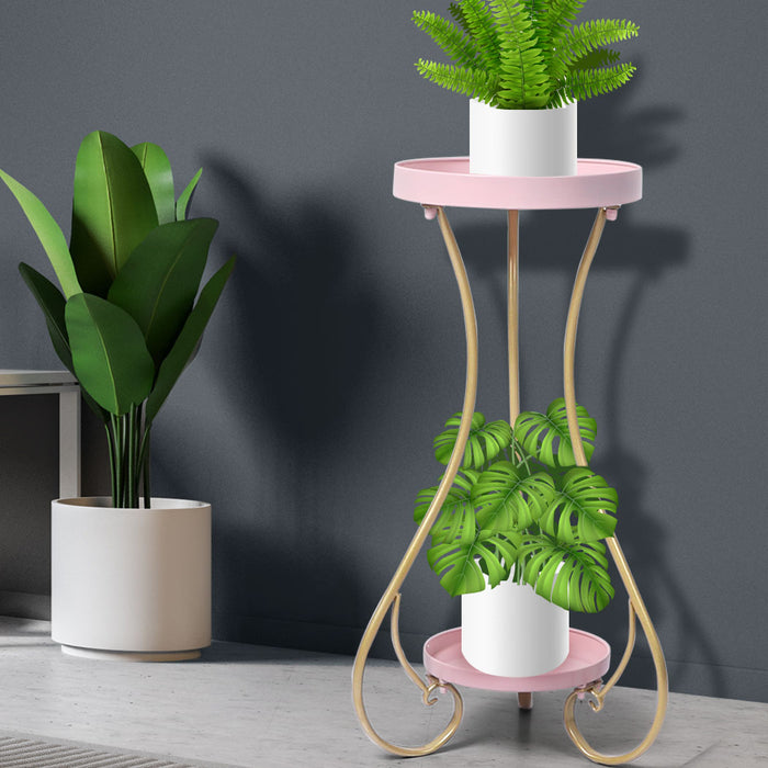 Natura Rose 2 Tier Metal Plant Stand | 70cm Flower Pot Shelves and Stand in Pink