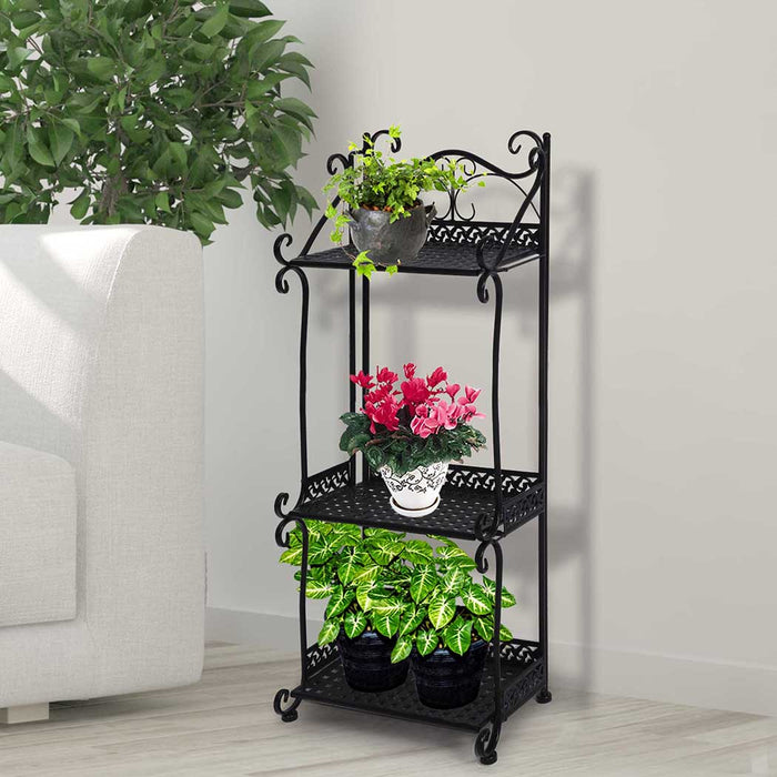 Natura Retro 3 Tier Metal Plant Stand | Flower Pot Shelves and Stand in Black