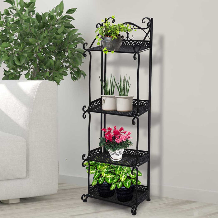 Natura Retro 4 Tier Metal Plant Stand | Flower Pot Shelves and Stand in Black