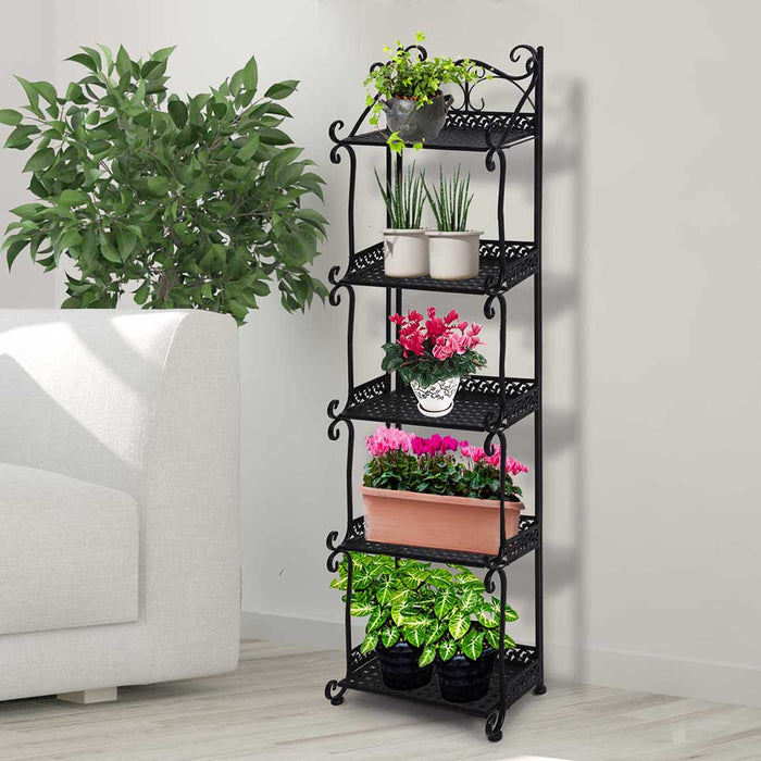 Natura Retro 5 Tier Metal Plant Stand | Flower Pot Shelves and Stand in Black