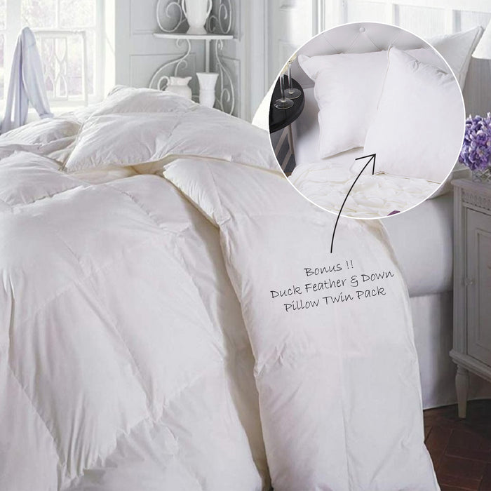 Duck Feather & Down Quilt 500GSM + Duck Feather and Down Pillows 2 Pack Combo - King - White