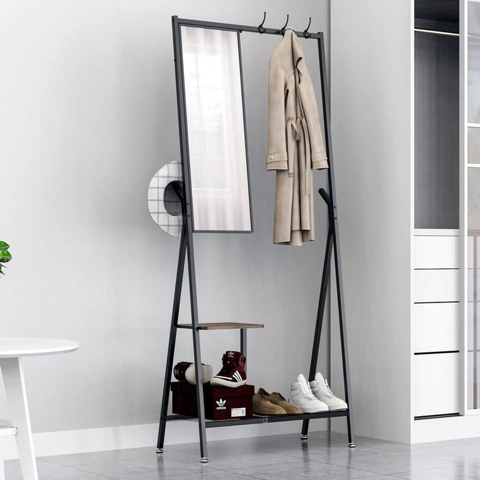 Centrum Multifunctional 5 In1 Coat Rack | Entryway Hall Tree with Shoe Storage and Dressing Mirror in Black