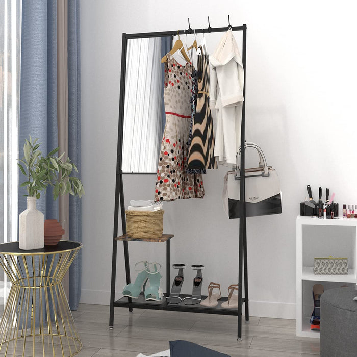 Centrum Multifunctional 5 In1 Coat Rack | Entryway Hall Tree with Shoe Storage and Dressing Mirror in Black