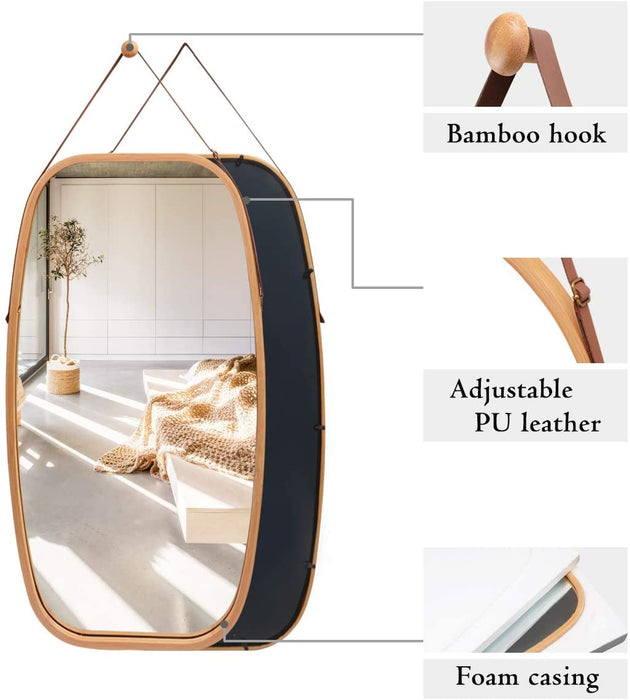 Premium Bliss Bamboo 74cm Hanging Oval Mirror | Adjustable Wall Hung Bamboo Bathroom Bedroom Mirror