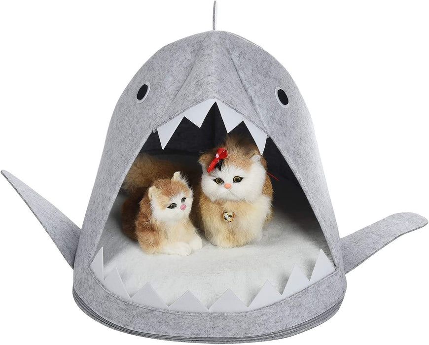 Cozy Shark Pet Cave Bed for Cats and Small Dogs in Light Grey