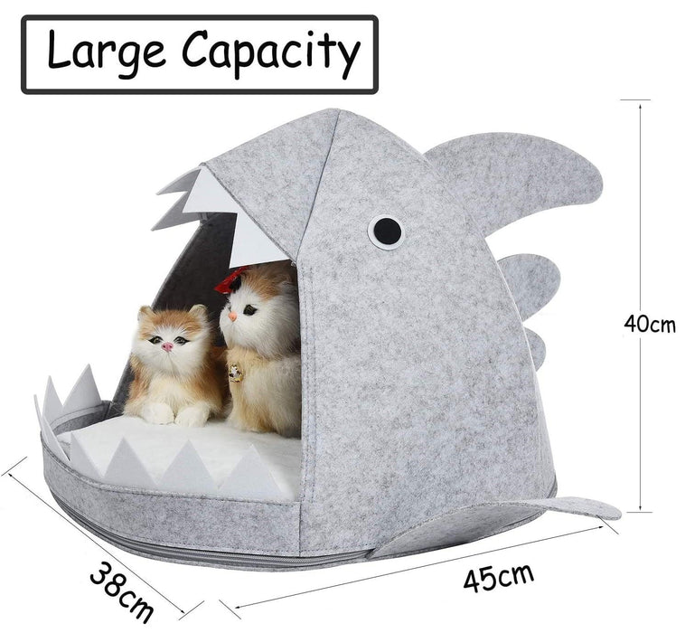 Cozy Shark Pet Cave Bed for Cats and Small Dogs in Light Grey