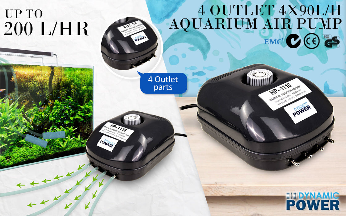 Aquarium Air Pump 4 Outlet 360L/H 13W Oxygen Hydroponic  by Dynamic Power