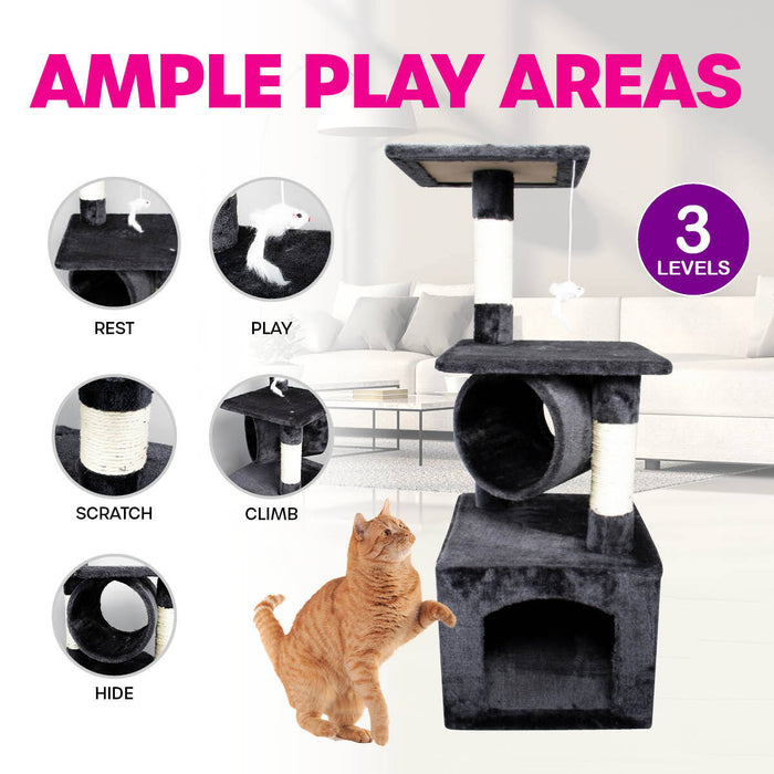 92cm 3 Level Cat Scratch Tree Playhouse | Cat Fun Climb Rest House