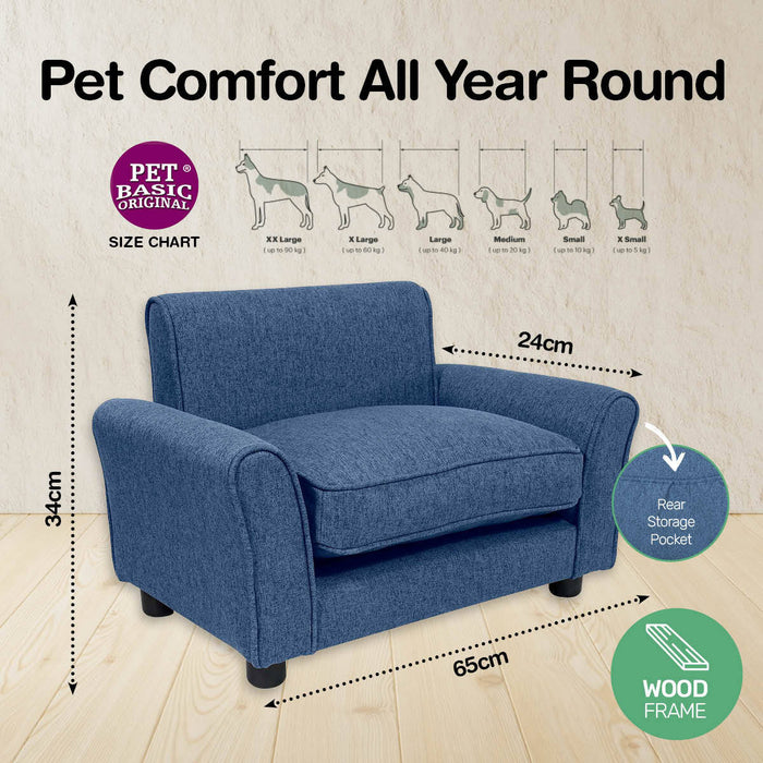 65cm Luxury Washable Pet Chair Fabric Bed | Stylish Sturdy Pet Sofa Bed Dog or Cat - Blue