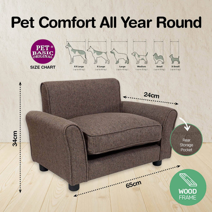 65cm Luxury Washable Pet Chair Fabric Bed | Stylish Sturdy Pet Sofa Bed Dog or Cat - Brown