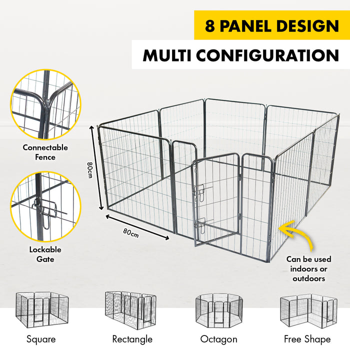 8 Panel 80cm Dog Playpen | Puppy Exercise Strong Steel Fence in Black