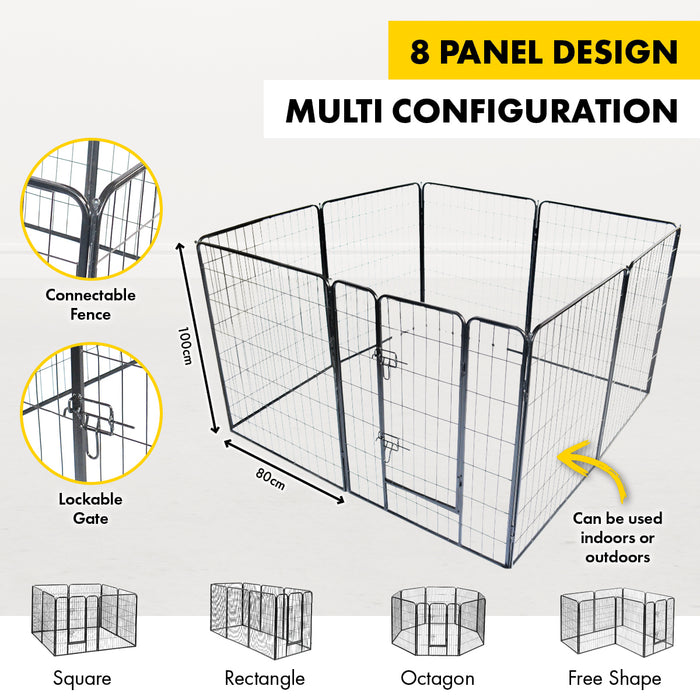 8 Panel Large Dog Playpen | Indoor or Outdoor Strong Steel Fence in Black