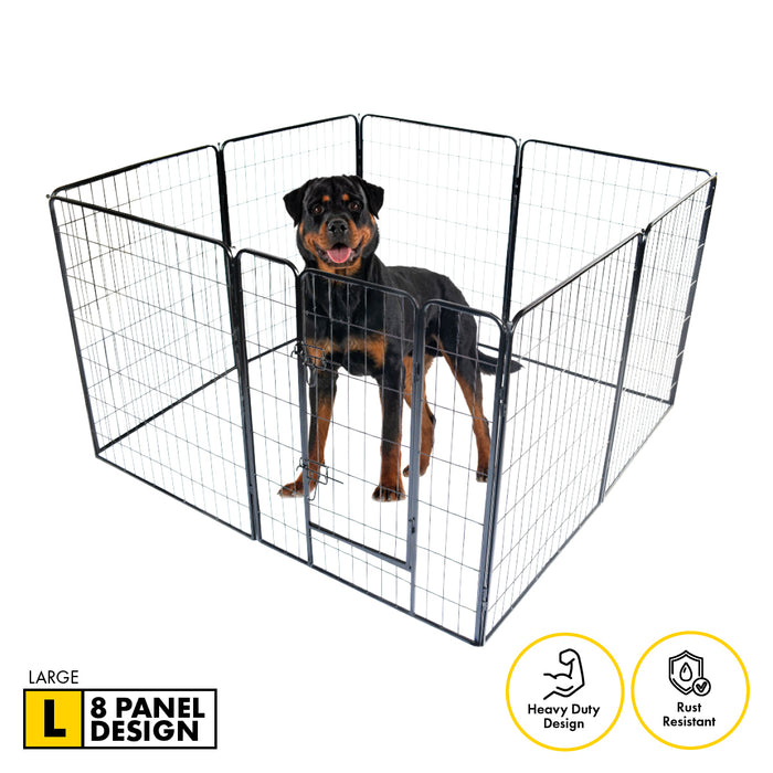 8 Panel Large Dog Playpen | Indoor or Outdoor Strong Steel Fence in Black